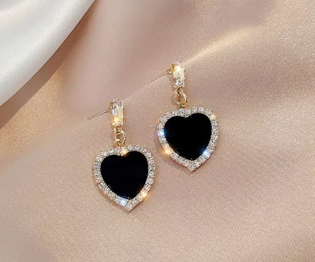 Glittery Heart Earrings - Black