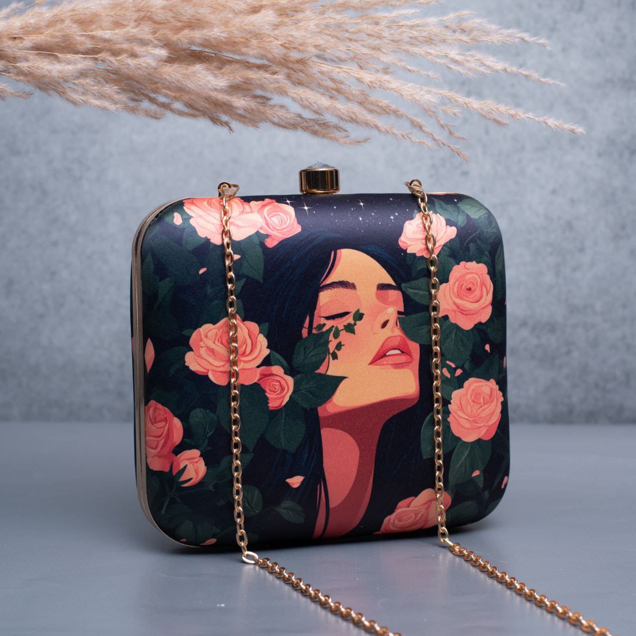Girl with Scarlet Bloom Printed Square Handmade Clutch