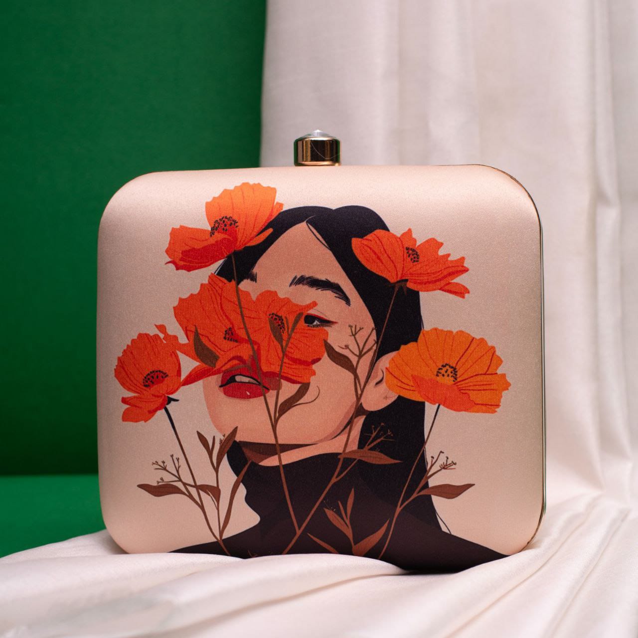 Woman with Flower Printed Square Handmade Clutch - 1.1
