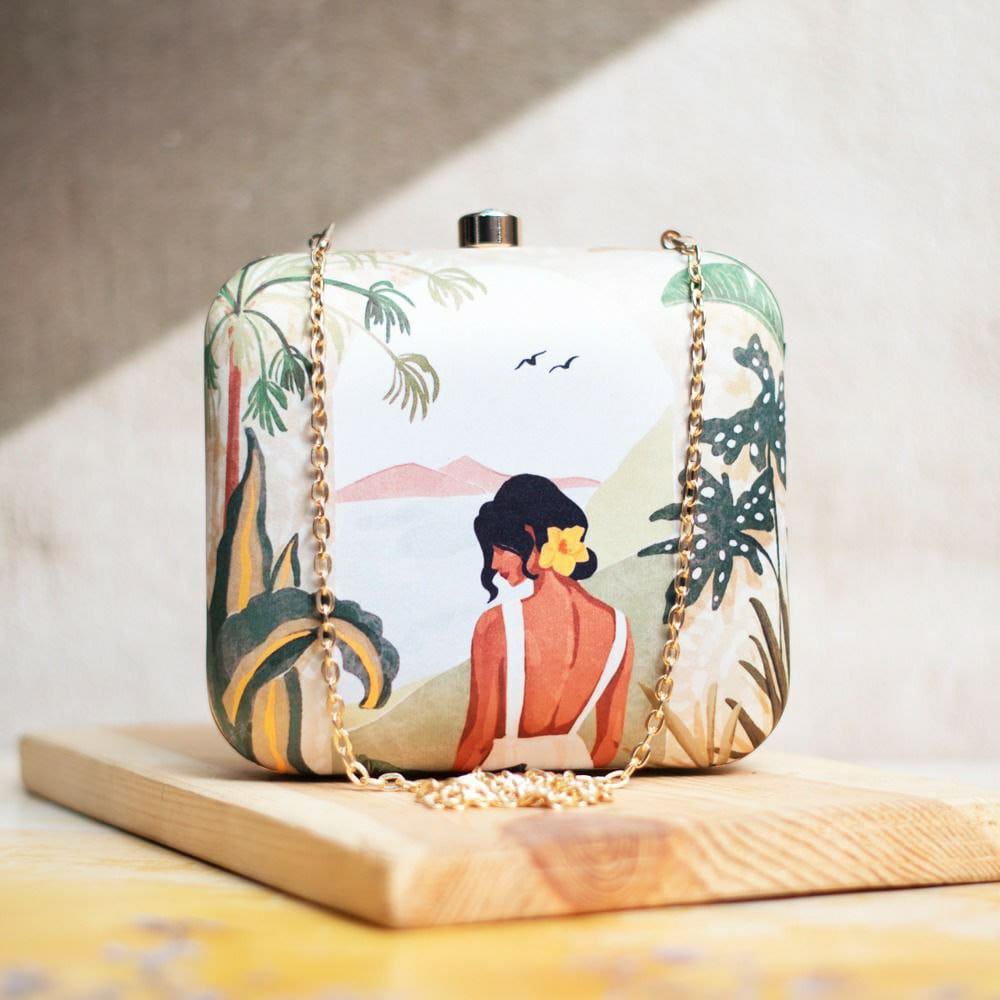 Woman at Beach Printed Square Handmade Clutch