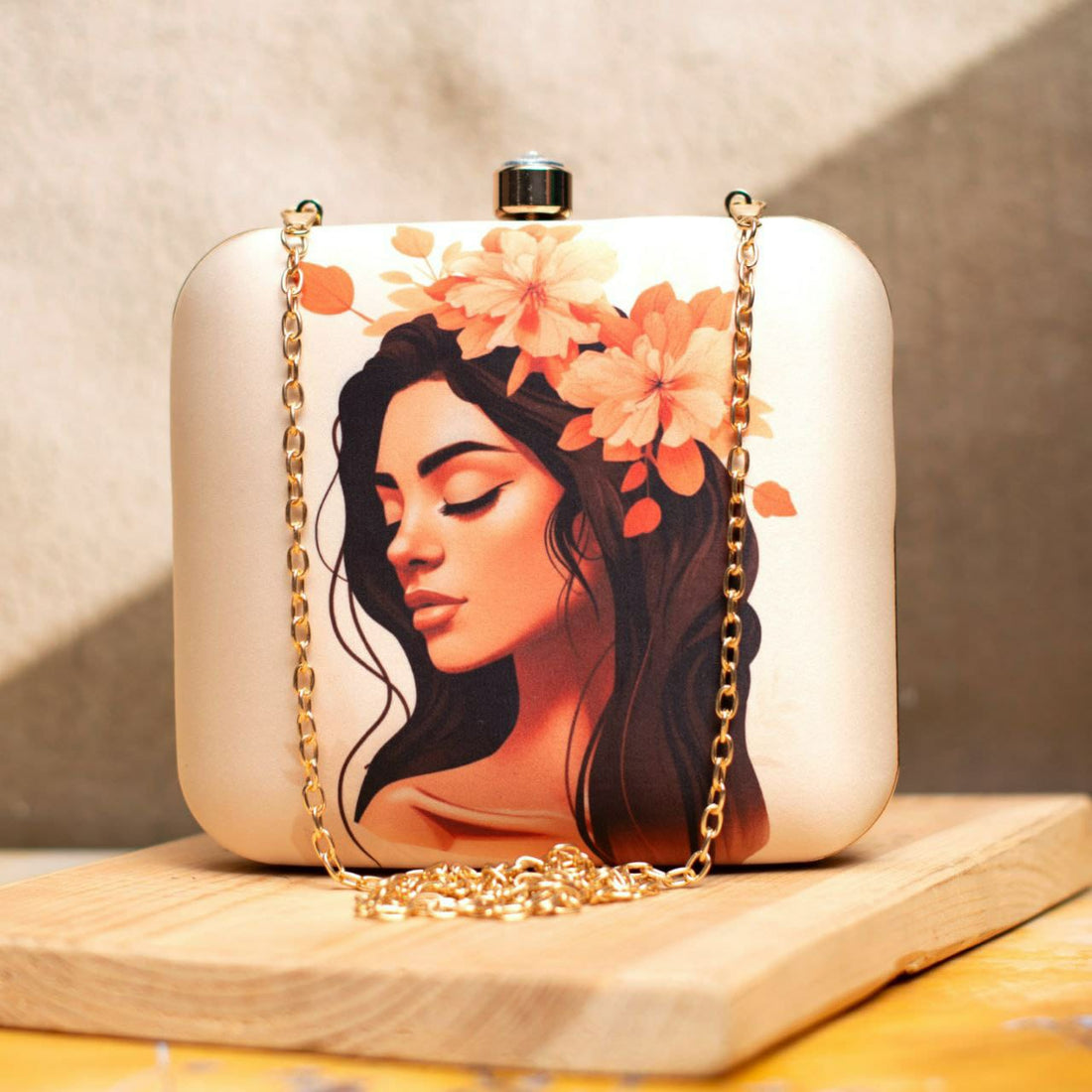 Woman with Flower Printed Square Handmade Clutch - 1.1