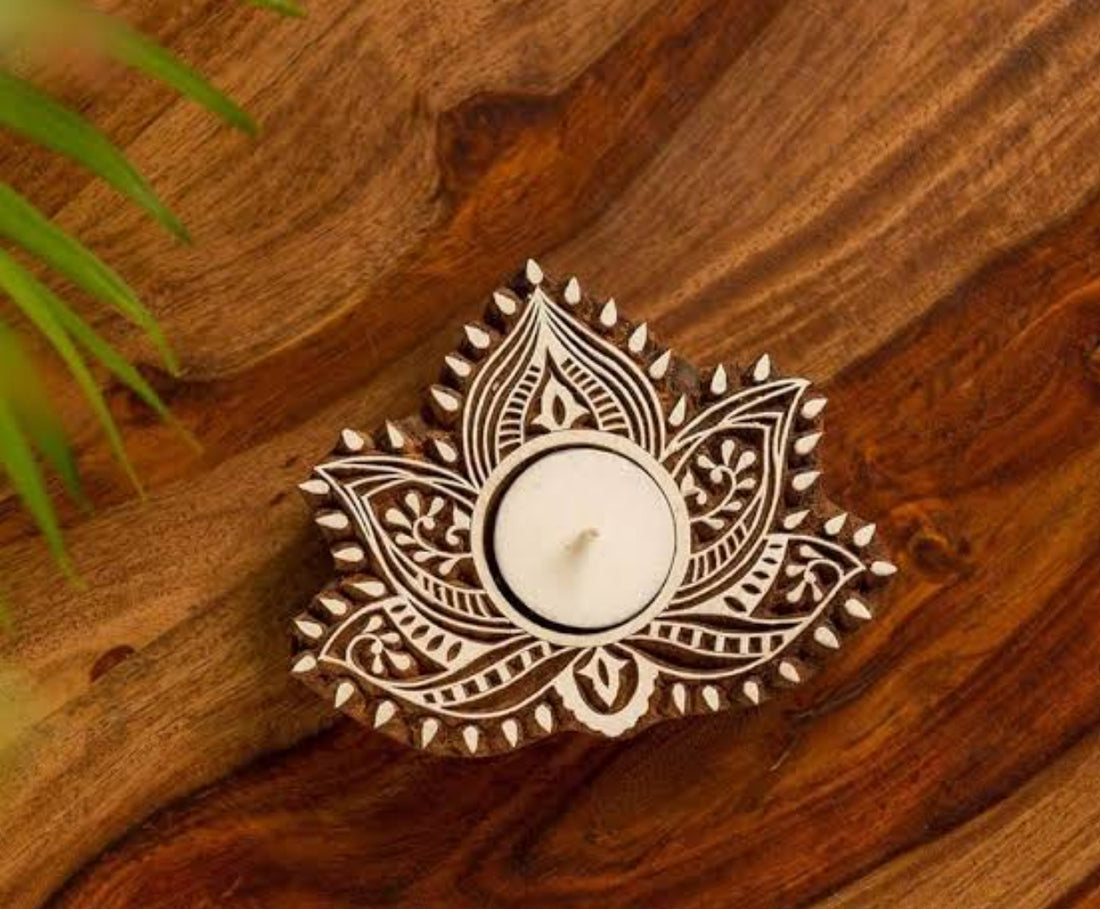 Wooden Lotus Tea light diya holder - 2 packed in a Gift Box