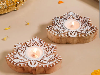 Wooden Lotus Tea light diya holder - 2 packed in a Gift Box