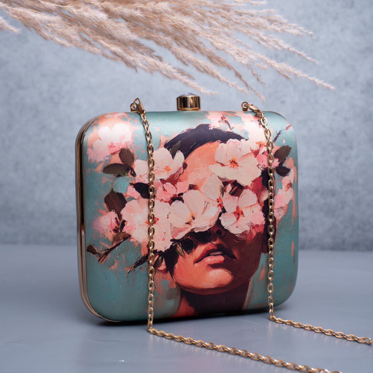 Woman with Flower Green Printed Square Handmade Clutch 2.1