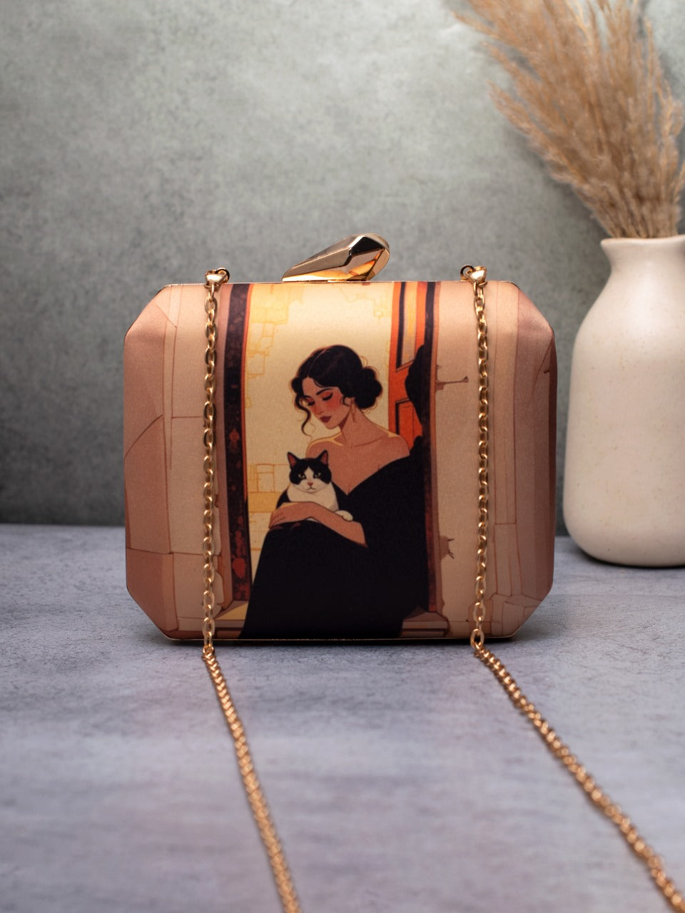 Lady in Black Printed Square Handmade Clutch